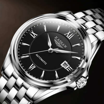 Đồng hồ nam chính hãng KASSAW K818-3 Kính sapphire chống xước ,Chống nước 50m ,Bảo hành 24 tháng,Máy cơ (Automatic),mặt đen dây thép xịn