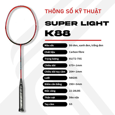 Vợt Cầu Lông Kuno Super Light K88, 6U Thân Dẻo, Công Thủ Toàn, Căng Sẵn 10kg