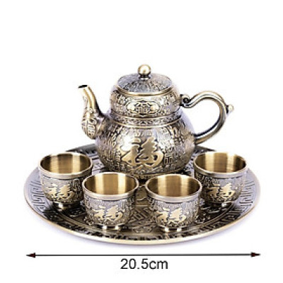 BỘ ẤM CHÉN TRÀ BẰNG ĐỒNG GIẢ CỔ HỌA TIẾT RỒNG - VD95