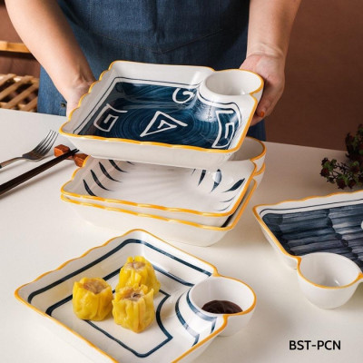 Đĩa sứ phong cách Nhật - hình vuông có ô đựng chấm sốt cực xinh