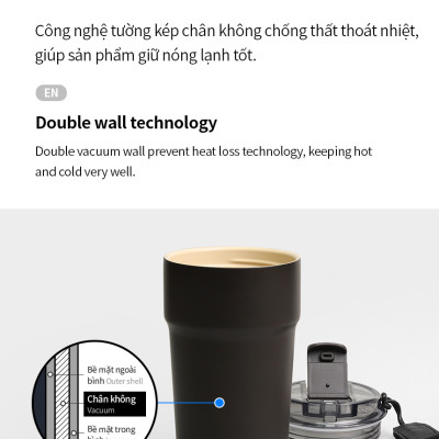 Ly giữ nhiệt 500ml LocknLock màu đen LHC4357BLK Metro Cafe Tumbler, Hàng chính hãng, Thép 304 không gỉ, có dây đeo tay - JoyMall