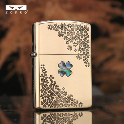 Vỏ Hột Quẹt Bật Lửa Xăng Đá Zorro Z2-1029 Khảm Trai Họa Tiết Cỏ 4 Lá May Mắn  (Không Có Xăng)