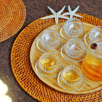 BỘ ẤM CHÉN PHA TRÀ THỦY TINH KÈM KHAY GỖ, 6 ĐĨA LÓT TÁCH - VD124