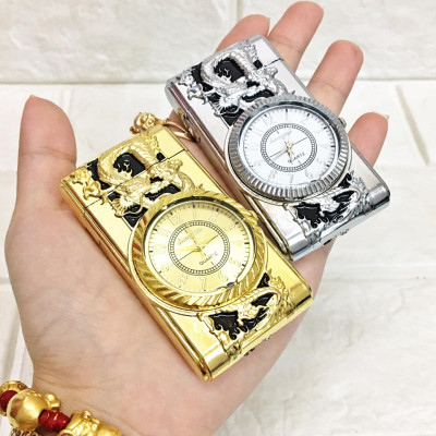 Vỏ Hột Quẹt Bật Lửa Khò Ga Kiêm Đồng Hồ Khắc Họa Tiết Rồng Vàng/Thằn Lằn Có Đèn Led Cao Cấp