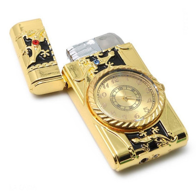 Vỏ Hột Quẹt Bật Lửa Khò Ga Kiêm Đồng Hồ Khắc Họa Tiết Rồng Vàng/Thằn Lằn Có Đèn Led Cao Cấp