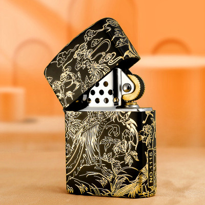 Vỏ Hột Quẹt Bật Lửa Xăng Đá Zorro Z2-1077 Khắc Họa Tiết Chim Phượng Hoàng Hoa Mẫu Đơn Phú Quý