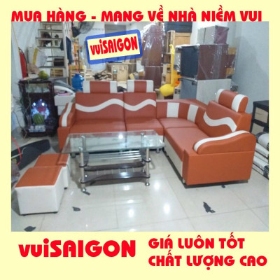 Ghế Sofa nệm mút bền đẹp 2.1m x 1.6 m tặng kèm 1 bàn kính và 2 ghế đôn, mẫu hiện đại phù hợp mọi gia đình