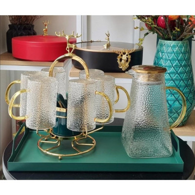 Sét bình đựng nước uống thuỷ tinh chịu nhiệt cao cấp có kèm khay và giá úp cốc siêu sịn, đảm bảo an toàn cho sức khoẻ