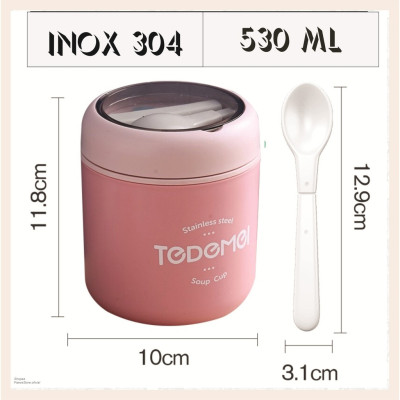 Bình Ủ Cháo Inox 304 Giữ Nhiệt Tedemei Có Thìa Và Quai Dung Tích 530ml