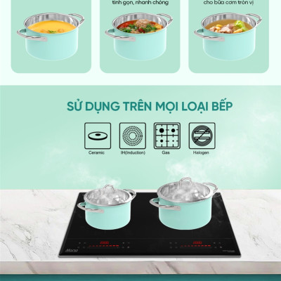 Bộ nồi inox 304 đa lớp liền đáy cao cấp Sunhouse mama SHG702, size 16 20cm, sơn xanh lớp ngoài