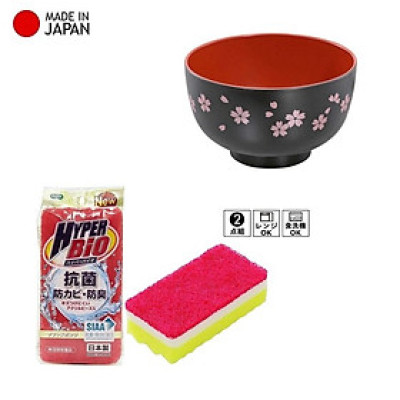 Combo bát nhựa tròn họa tiết hoa anh đào Ø11×6.5cm + miếng bọt biển nhà bếp - made in Japan