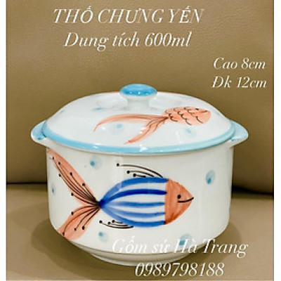 Thố chưng yến gốm sứ Bát Tràng cao cấp vẽ tay hoạ tiết cá dung tích 600ml