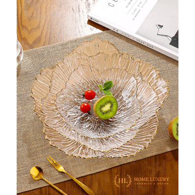 Set 3 Đĩa thủy tinh Decor chịu nhiệt - chịu lực borosilicate viền vàng cao cấp -Đĩa cánh hoa vân đá phong cách Hàn Quốc - HÀNG CHÍNH HÃNG MINIIN
