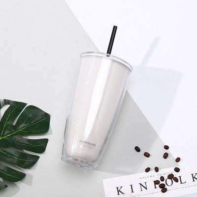 Ly nhựa 2 lớp Lock&Lock màu trắng ngà HAP507IVY 750ml - Hàng chính hãng, có ống hút, có nắp đậy - JoyMall