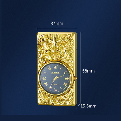 Vỏ Hột Quẹt Bật Lửa Gas HF602 Khò 1 Tia Hình Rồng Vàng Kiêm Đồng Hồ La Mã