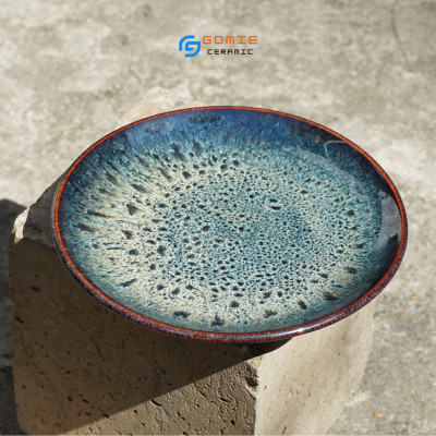 Đĩa tròn men cẩm lai xanh Sapphire hỏa biến cao cấp GOMIE BÁT TRÀNG chuyên dùng cho nhà hàng, khách sạn 5 sao.