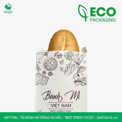 MFT1T4N - 24x9.5x4.5 cm - 100 Túi bánh mì Trắng, in sẵn họa tiết BEST STREET FOOD - Bao bánh mì Túi giấy thực phẩm an toàn