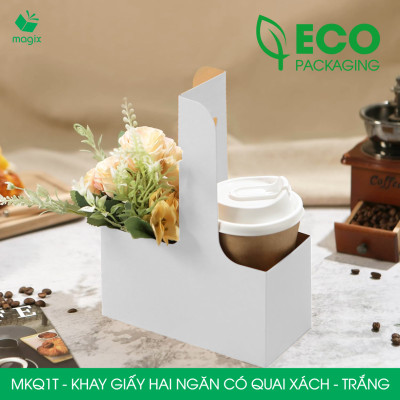 MKQ1T - 17.5x8x9 cm - Combo 60 Khay giấy 2 ngăn quai xách màu trắng siêu chắc, hộp giấy 2 ngăn chống thấm đựng ly nước, hoa và quà tặng