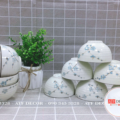 Bộ 10 bát cơm men kem Bát Tràng cao cấp vẽ đào xanh