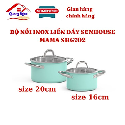 Bộ nồi inox 304 đa lớp liền đáy cao cấp Sunhouse mama SHG702, size 16 20cm, sơn xanh lớp ngoài
