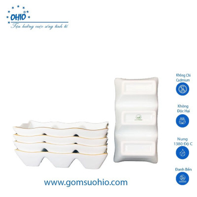 Đĩa 3 Ngăn Sứ Trắng Viền Kim OHIO