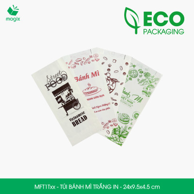 Combo 100 Túi bánh mì Trắng 24x9.5x4.5 cm - In sẵn họa tiết nhiều mẫu - Bao bánh mì Túi giấy thực phẩm an toàn
