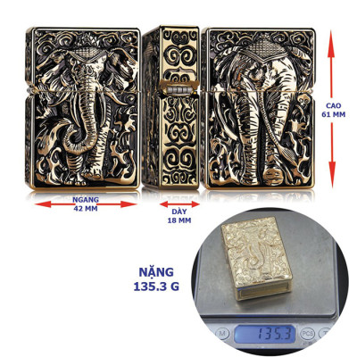 Vỏ Hột Quẹt Bật Lửa Đẹp Độc Lạ Z-KJ1015 Màu Vàng Cổ Họa Tiết Con Voi 3D Nổi Cực Đẹp