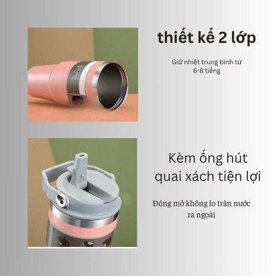Ly Giữ Nhiệt Cốc Giữ Nhiệt Kèm Ống Hút 900ml Nắp Dạng Xoay, Bình Nước Giữ Nhiệt 900ml