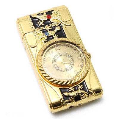 Vỏ Hột Quẹt Bật Lửa Khò Ga Kiêm Đồng Hồ Khắc Họa Tiết Rồng Vàng/Thằn Lằn Có Đèn Led Cao Cấp