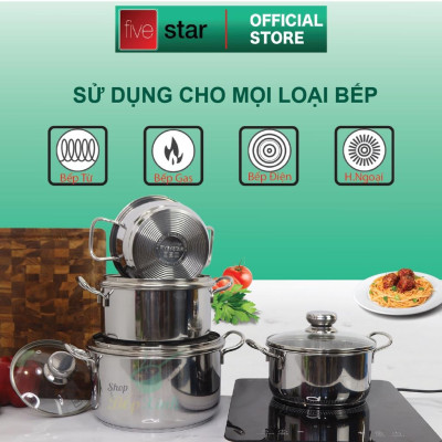 Bộ nồi xửng chảo 3 đáy inox 430 FiveStar Standard 6 món bếp từ nắp kính , tặng 1 vá canh