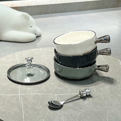 Tô sứ có tay cầm kèm nắp muỗng gấu bearbrick Lucky, Thố, Bát Sứ, Thố Úp Mì Nắp Gấu decor bàn ăn Kèm muỗng nĩa Sang Trọng, Bát Ăn Dặm baby Kid 