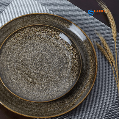 Đĩa tròn men gấm vàng hỏa biến cao cấp GOMIE BÁT TRÀNG chuyên dùng cho nhà hàng, khách sạn 5 sao.