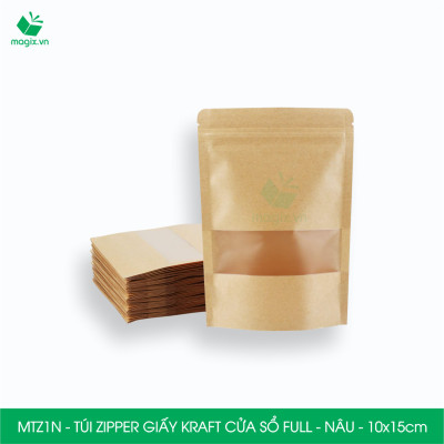MTZ1N - 10x15cm - Combo 100 Túi Zipper giấy Kraft Nâu đáy đứng có cửa sổ