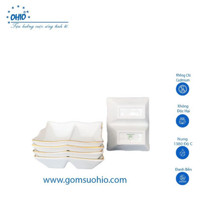 Đĩa 2 Ngăn Chữ Nhật Sứ Trắng Viền Vàng OHIO