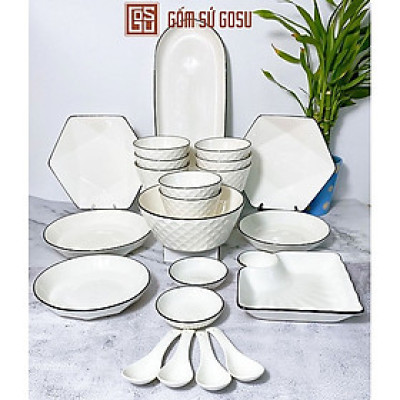 Bán Lẻ Bát Đĩa Thương Hiệu Gosu MenTrắng Cao Cấp Sáng Đẹp Họa Tiết Kim Cương Viền Đen