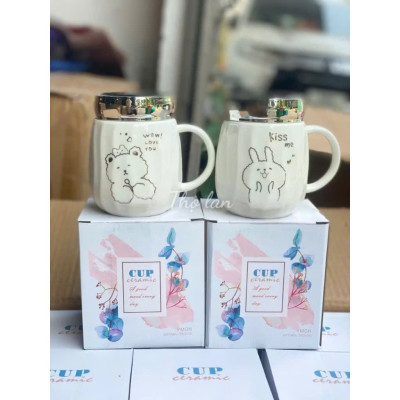 Cốc Sứ Nắp Gương Hình Động Vật Dễ Thương, Ly Sứ Nắp Quai Cầm Tiện Lợi 450ml - HÀNG CHÍNH HÃNG MINIIN