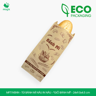 MFT1N5NN - 24x9.5x4.5 cm - 500 Túi bánh mì Nâu, in sẵn họa tiết GIỎ BÁNH MÌ - Bao bánh mì Túi giấy thực phẩm an toàn
