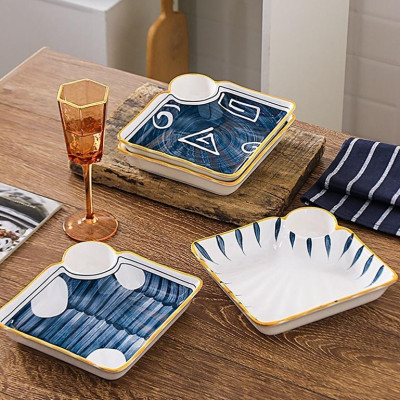 Đĩa Vuông Có Ngăn Chấm Nhật Bản | Đĩa sứ vuông cao cấp 2022 có chia ngăn đựng gia vị Phong Cách Decor Retro