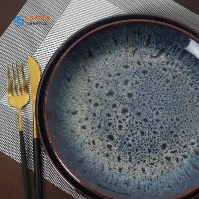 Đĩa tròn men cẩm lai xanh Sapphire hỏa biến cao cấp GOMIE BÁT TRÀNG chuyên dùng cho nhà hàng, khách sạn 5 sao.