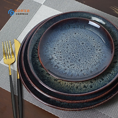Đĩa tròn men cẩm lai xanh Sapphire hỏa biến cao cấp GOMIE BÁT TRÀNG chuyên dùng cho nhà hàng, khách sạn 5 sao.