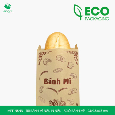 MFT1N5NN - 24x9.5x4.5 cm - 500 Túi bánh mì Nâu, in sẵn họa tiết GIỎ BÁNH MÌ - Bao bánh mì Túi giấy thực phẩm an toàn