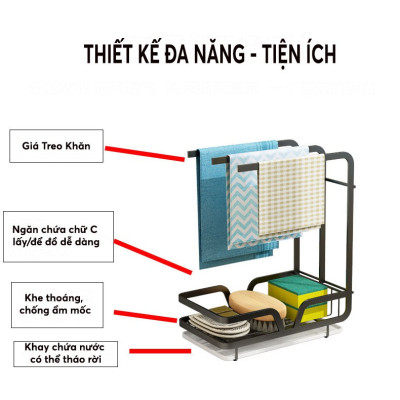 Kệ để giẻ rửa chén bát kiểu Nhật cao cấp + Chống Rỉ + Treo Khăn + Dán tường + Khay hứng nước Hàng Loại 1 - Chính Hãng MINIIN
