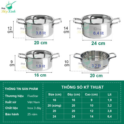 Bộ nồi xửng hấp inox 304 cao cấp Fivestar Plus 3 lớp đúc liền 4 chiếc nắp inox