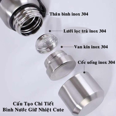 Bộ Bình Nước Giữ Nhiệt Cute 1000-1500ml Inox Giữ Nhiệt Nóng Lạnh 8-12 Tiếng Có Nắp Uống, Lưới Lọc Trà Hãng miDoctor