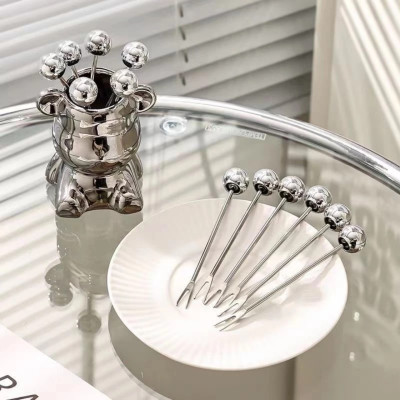 Bộ 6 Nĩa Ăn Trái Cây Bằng Thép Không Gỉ Kèm Hộp Đựng Hình Gấu Bearick Bằng Gốm Cao Cấp Sang Trọng - HÀNG CHÍNH HÃNG MINIIN