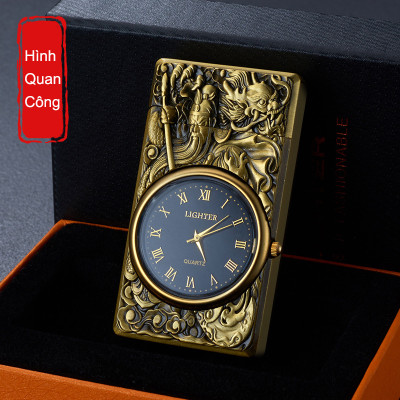 Vỏ Hột Quẹt Bật Lửa Gas HF602 Hình Quan Công Kiêm Đồng Hồ La Mã Cực Đẹp - Nhiều Màu