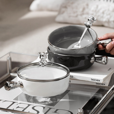 Tô sứ có tay cầm kèm nắp muỗng gấu bearbrick Lucky, Thố, Bát Sứ, Thố Úp Mì Nắp Gấu decor bàn ăn Kèm muỗng nĩa Sang Trọng, Bát Ăn Dặm baby Kid 