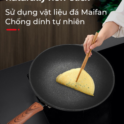Chảo Chống Dính Mẫu Mới Chảo thép phủ vân đá y tế chống dính, chống mài mòn, tay cầm chống cháy cao cấp vân gỗ có thể tháo rời-Hàng nhập khẩu