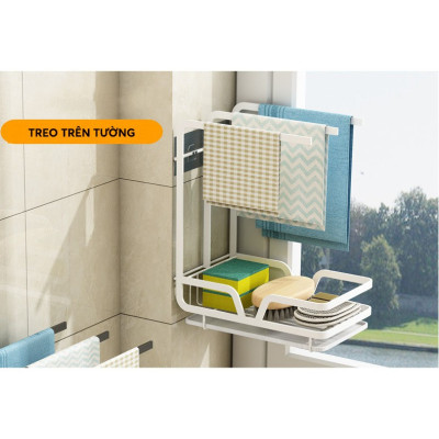 Kệ để giẻ rửa chén bát kiểu Nhật cao cấp + Chống Rỉ + Treo Khăn + Dán tường + Khay hứng nước Hàng Loại 1 - Chính Hãng MINIIN