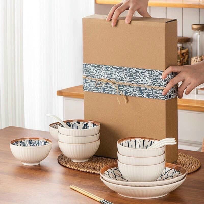 Bộ bát đĩa gốm sứ phong cách Nhật Bản họa tiết trang nhã 11 món kèm hộp - Bộ chén bát decor siêu xinh